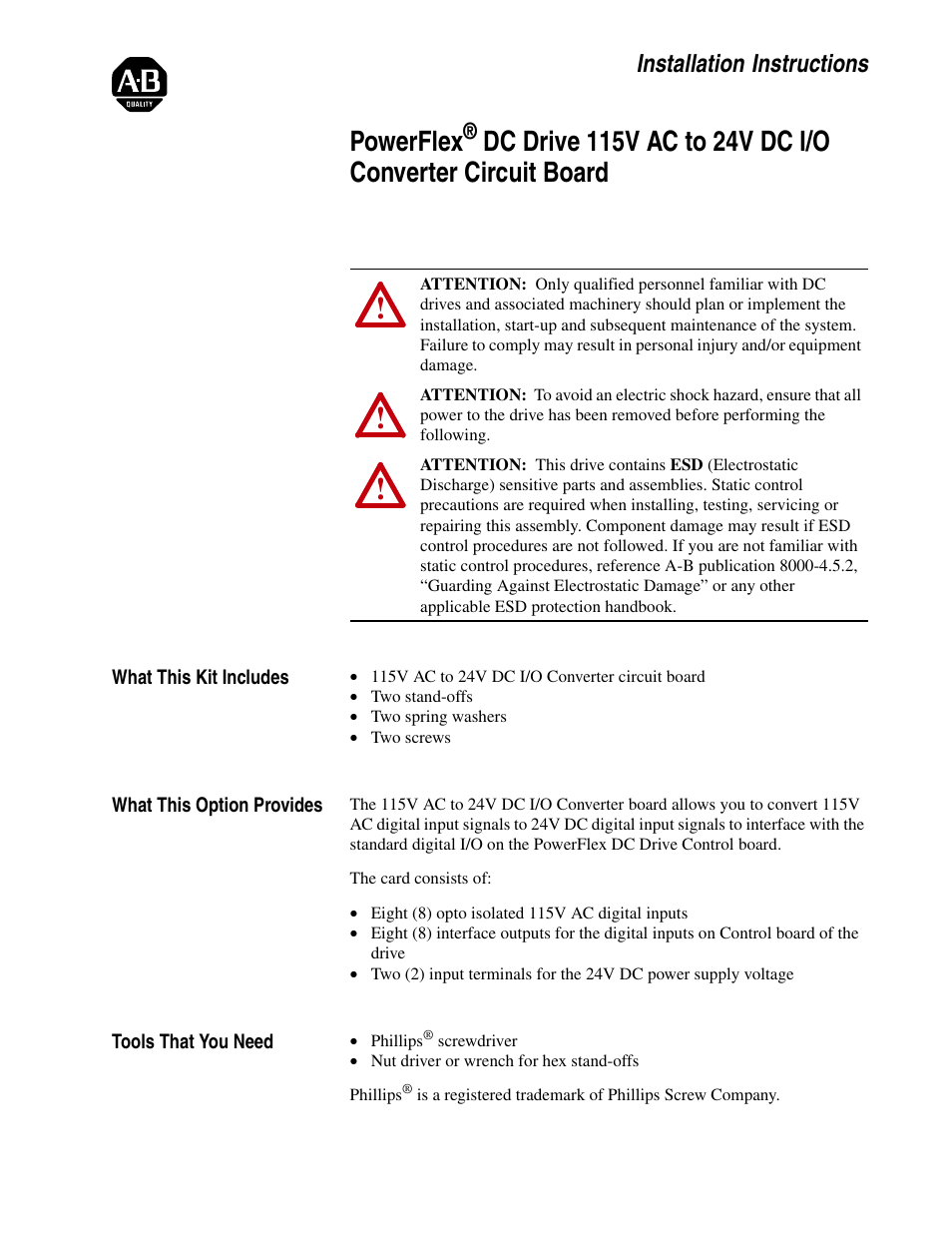 Rockwell Automation 20P PowerFlex DC Drive 115V AC to 24V DC I/O Converter Circuit Board User Manual | 10 pages