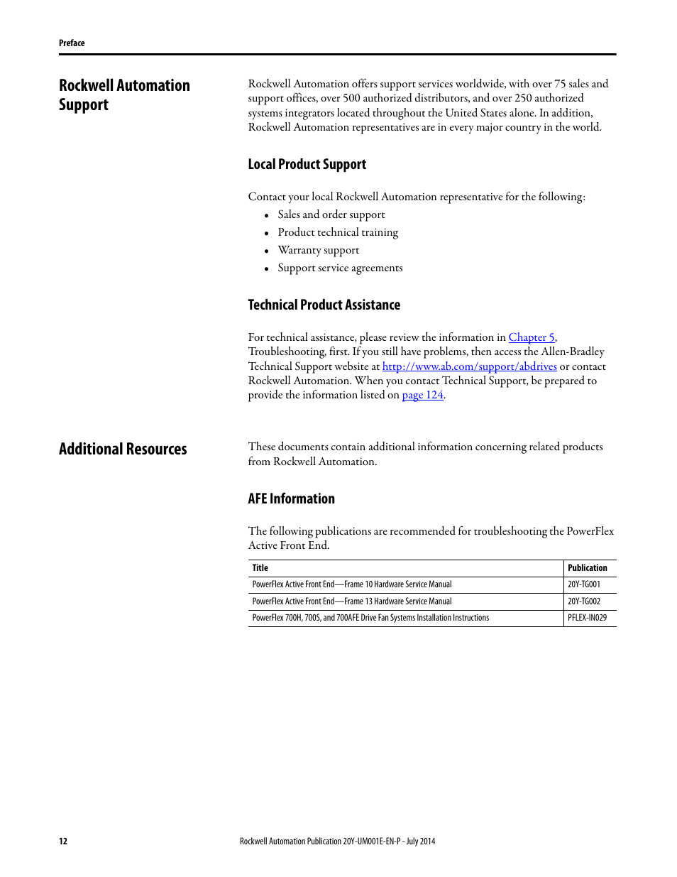 Rockwell automation support, Local product support, Technical product assistance | Additional resources, Afe information, Local product support technical product assistance | Rockwell Automation 20Y PowerFlex Active Front End User Manual | Page 12 / 170