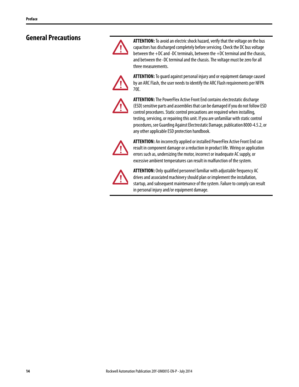 General precautions | Rockwell Automation 20Y PowerFlex Active Front End User Manual | Page 14 / 170