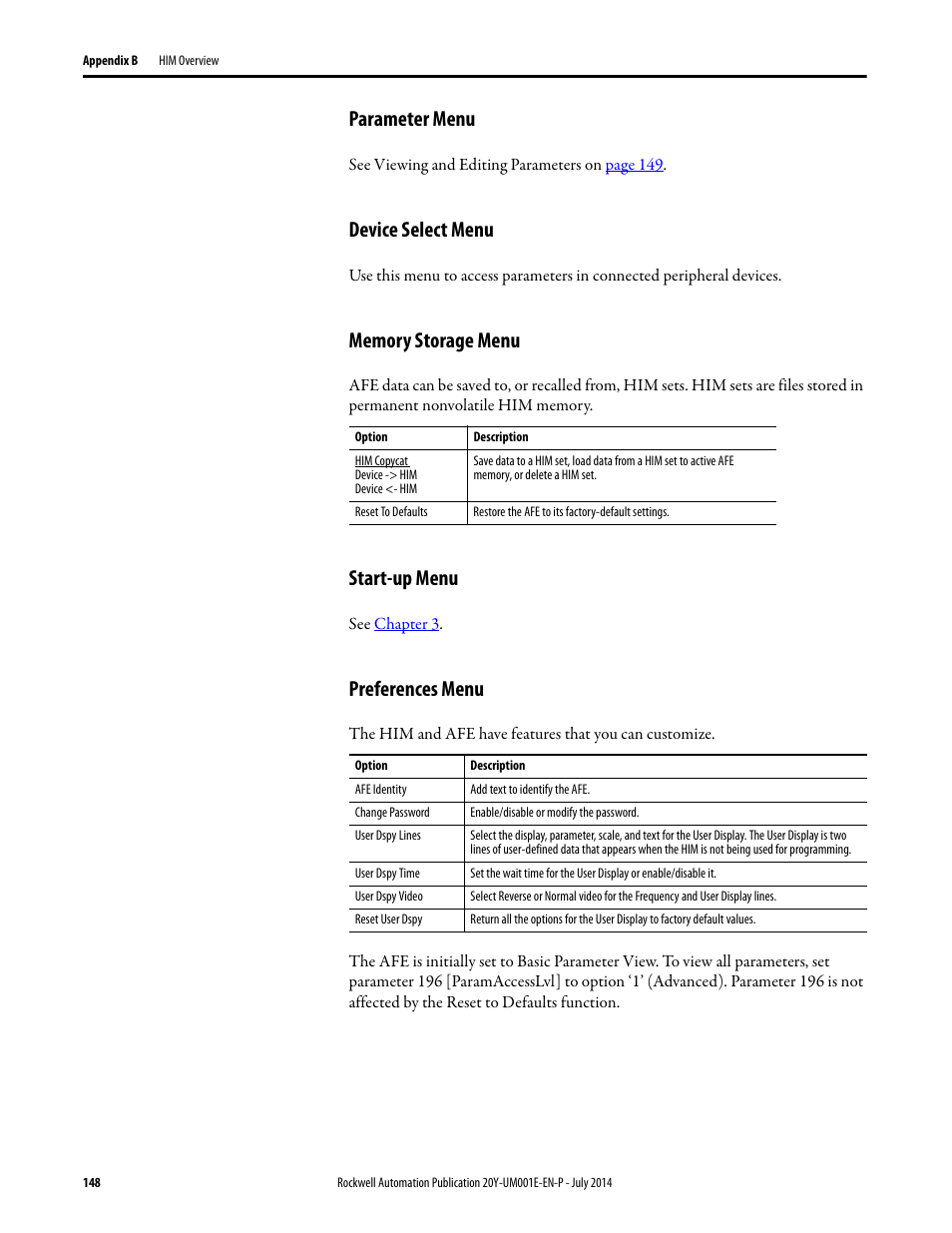 Parameter menu, Device select menu, Memory storage menu | Start-up menu, Preferences menu | Rockwell Automation 20Y PowerFlex Active Front End User Manual | Page 148 / 170