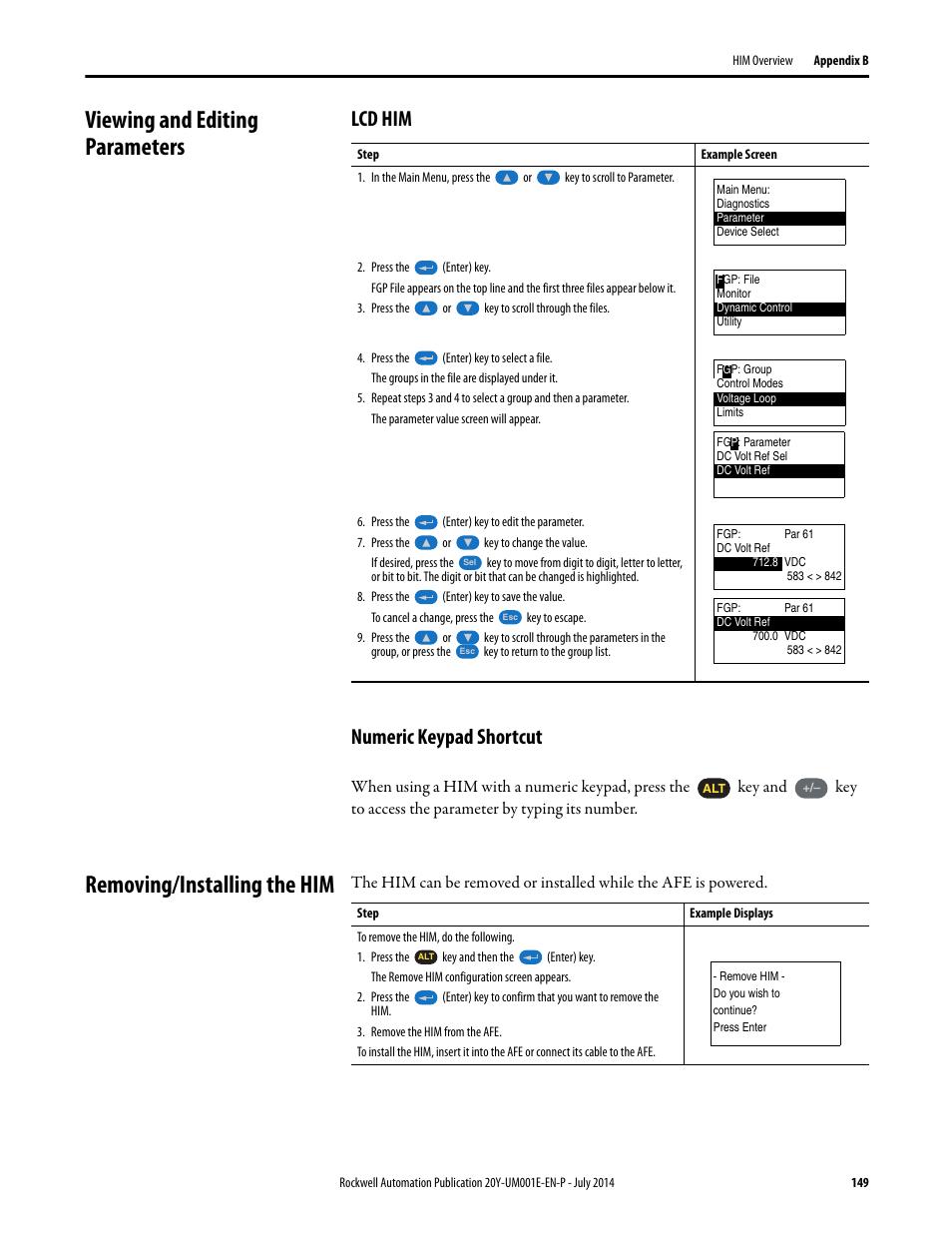 Viewing and editing parameters, Lcd him, Numeric keypad shortcut | Removing/installing the him, Lcd him numeric keypad shortcut, Viewing and editing parameters o | Rockwell Automation 20Y PowerFlex Active Front End User Manual | Page 149 / 170