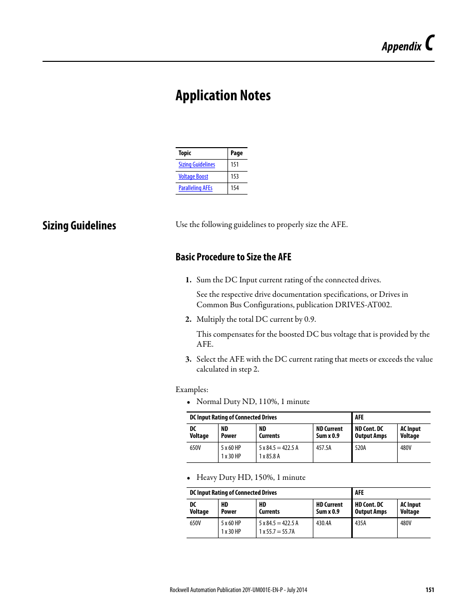 Application notes, Sizing guidelines, Basic procedure to size the afe | Appendix c | Rockwell Automation 20Y PowerFlex Active Front End User Manual | Page 151 / 170