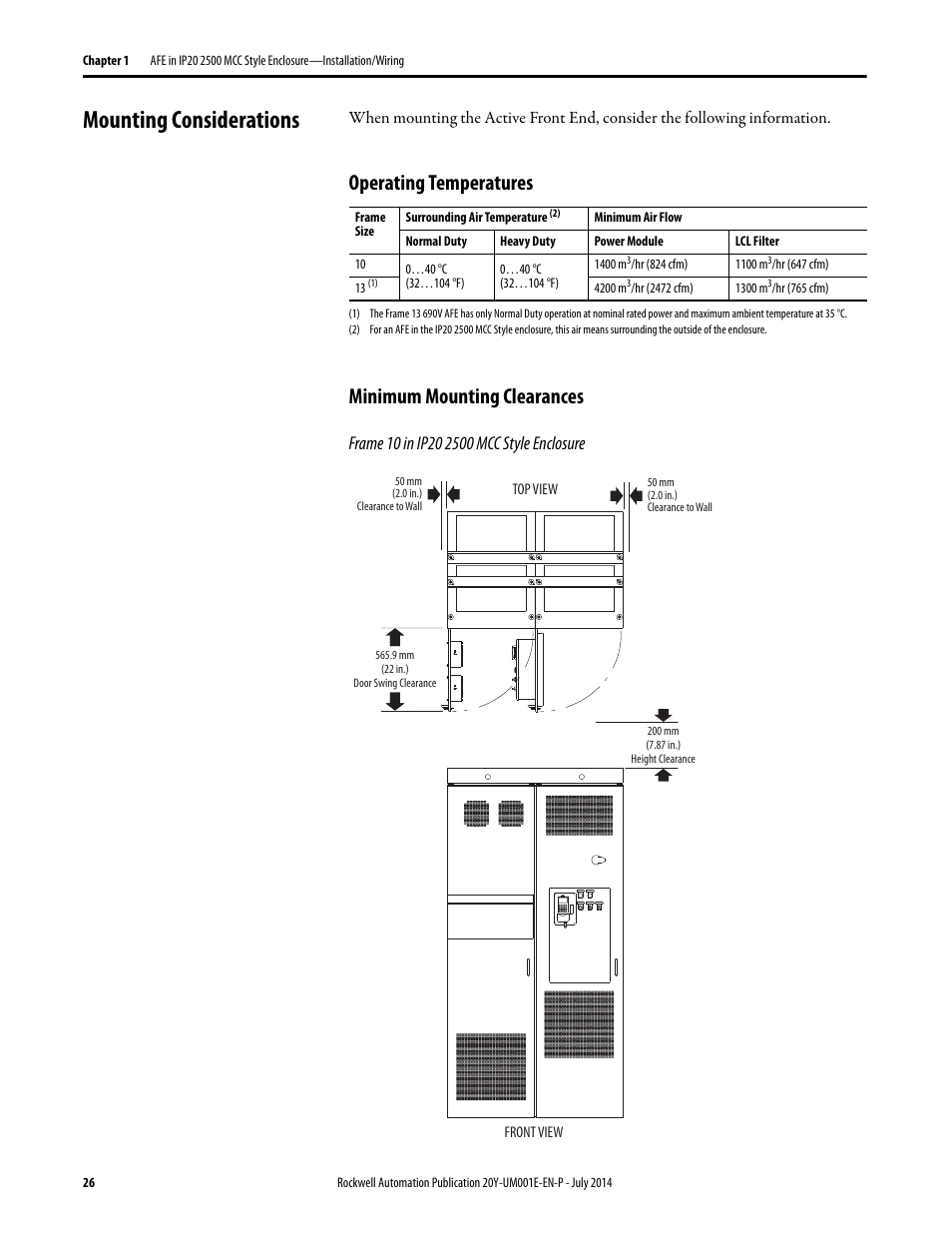 Mounting considerations, Operating temperatures, Minimum mounting clearances | Operating temperatures minimum mounting clearances | Rockwell Automation 20Y PowerFlex Active Front End User Manual | Page 26 / 170