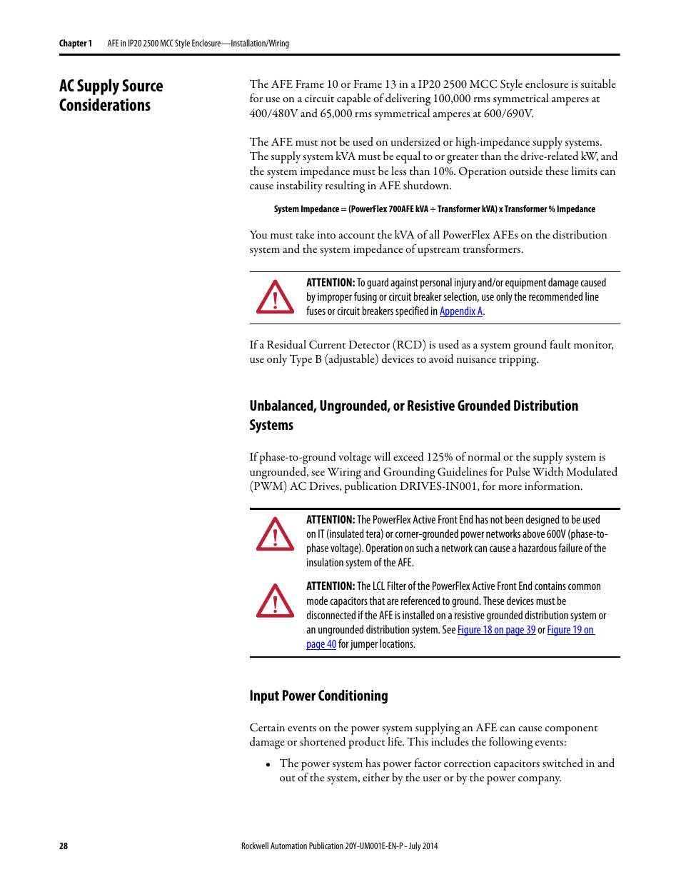 Ac supply source considerations, Input power conditioning, Systems | Rockwell Automation 20Y PowerFlex Active Front End User Manual | Page 28 / 170