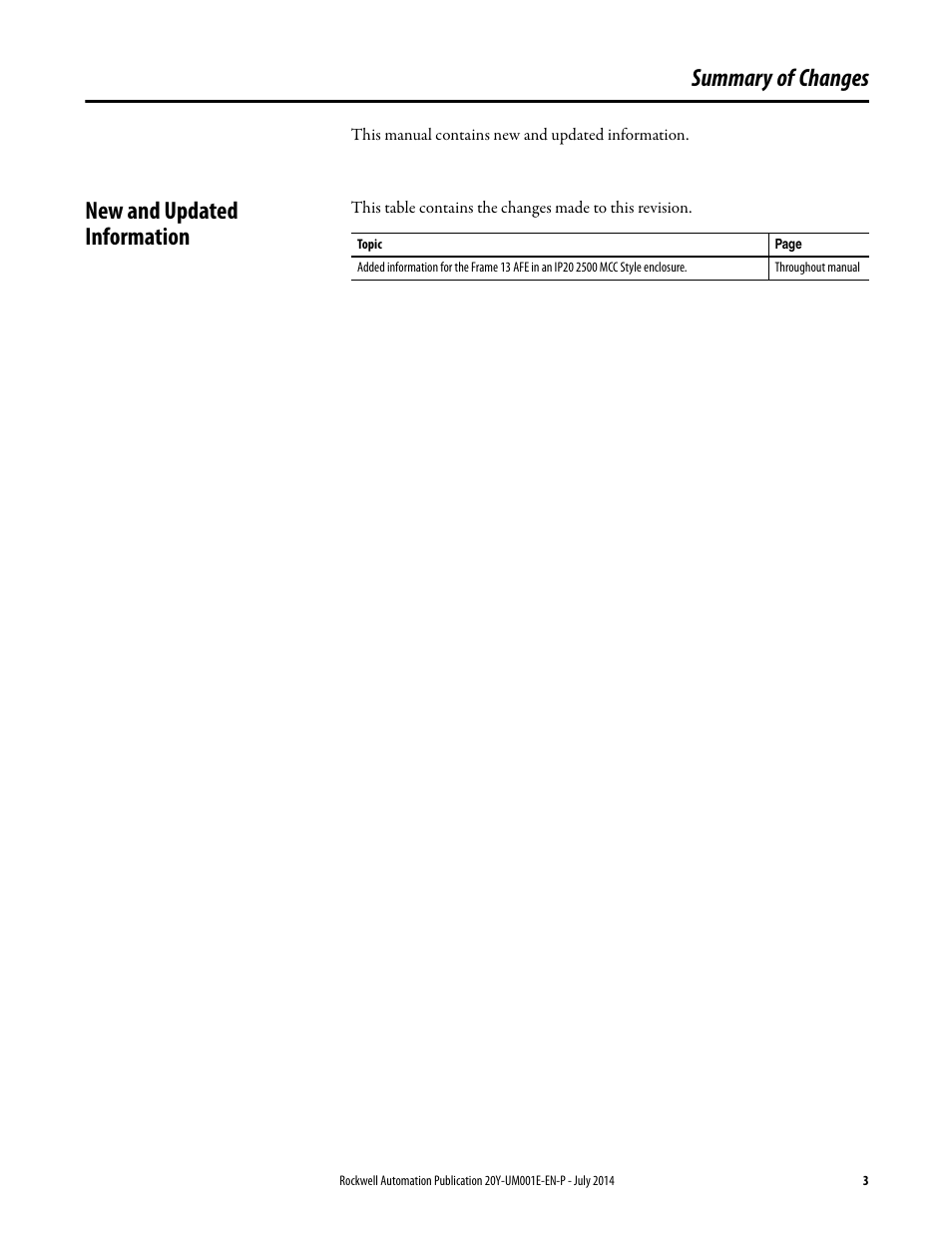 Summary of changes, New and updated information | Rockwell Automation 20Y PowerFlex Active Front End User Manual | Page 3 / 170