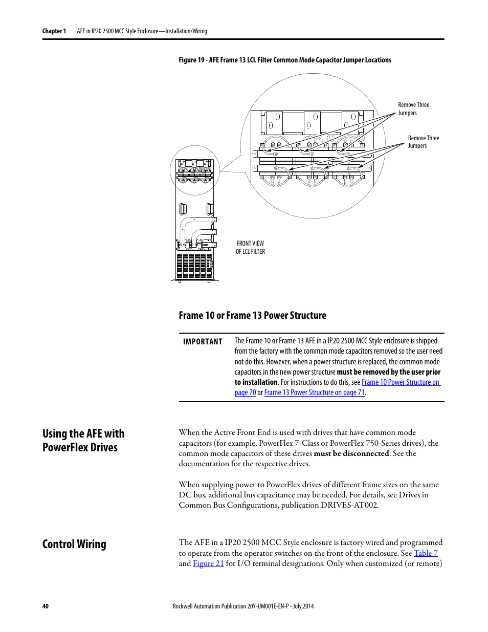 Frame 10 or frame 13 power structure, Using the afe with powerflex drives, Control wiring | Using the afe with powerflex drives control wiring, Figure 19 on | Rockwell Automation 20Y PowerFlex Active Front End User Manual | Page 40 / 170