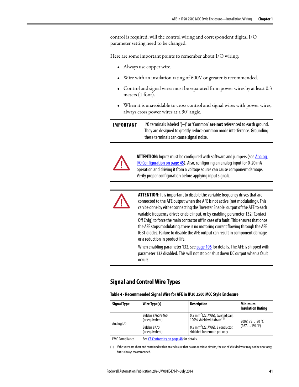 Signal and control wire types | Rockwell Automation 20Y PowerFlex Active Front End User Manual | Page 41 / 170