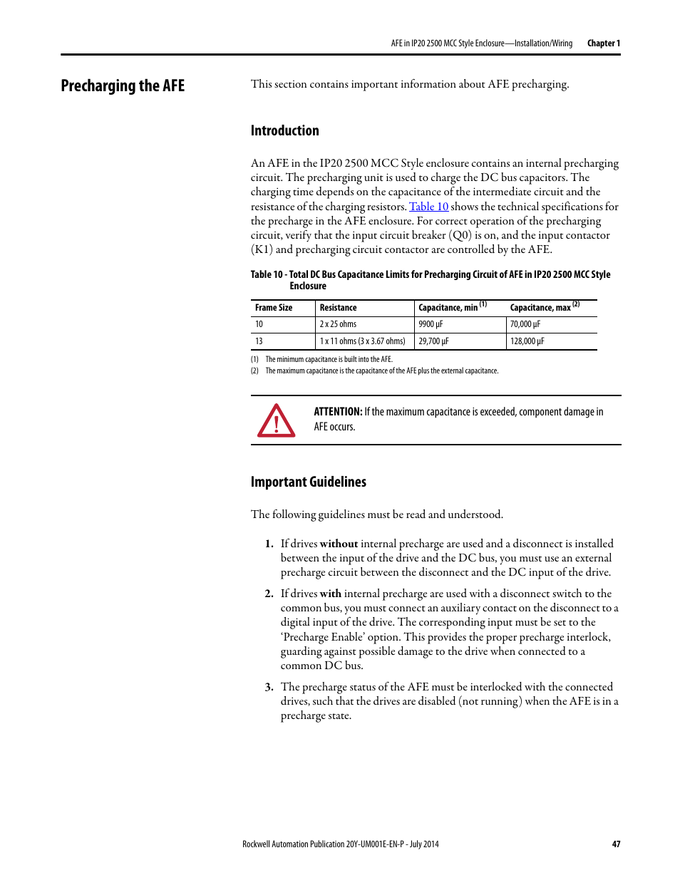 Precharging the afe, Introduction, Important guidelines | Introduction important guidelines | Rockwell Automation 20Y PowerFlex Active Front End User Manual | Page 47 / 170