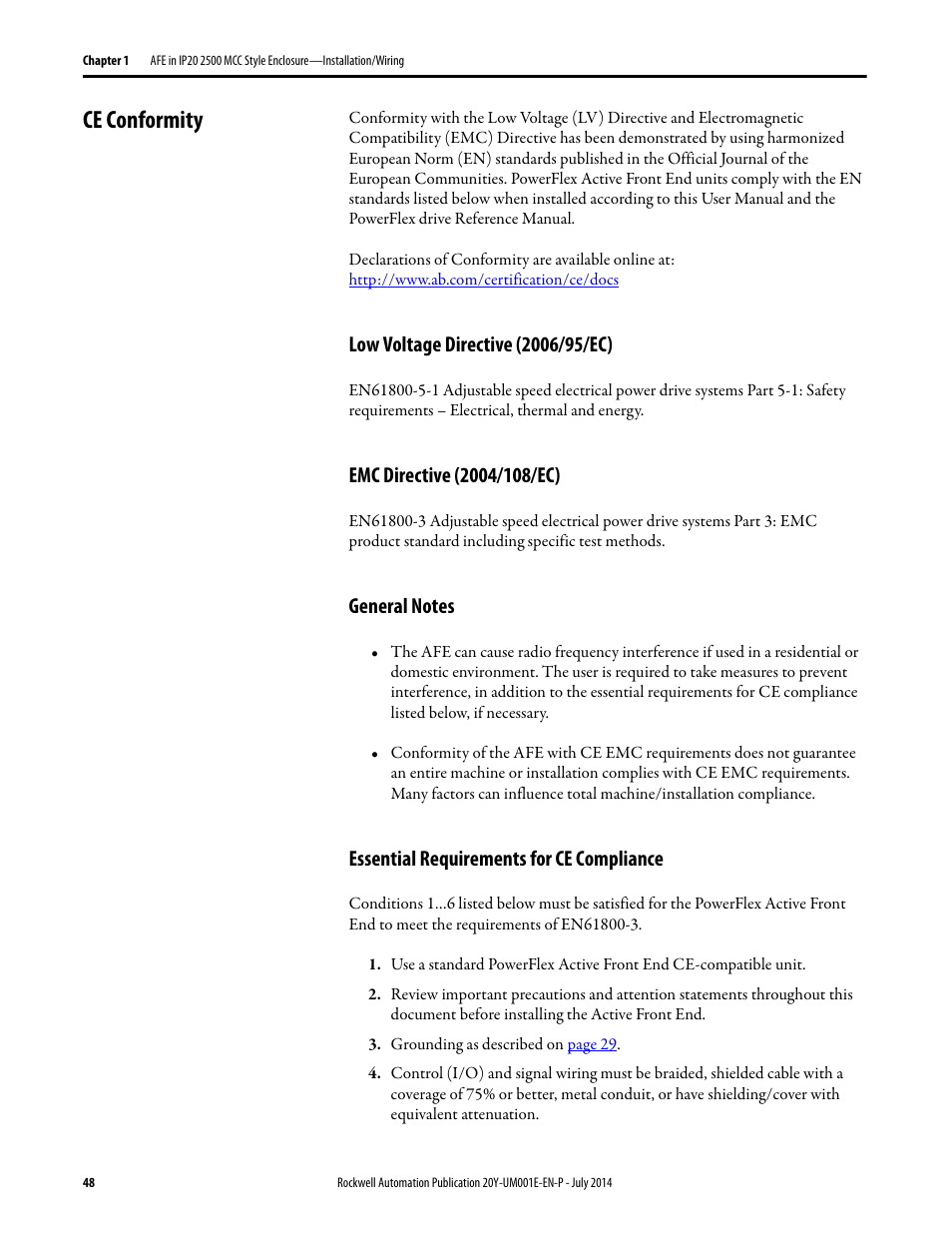 Ce conformity, Low voltage directive (2006/95/ec), Emc directive (2004/108/ec) | General notes, Essential requirements for ce compliance | Rockwell Automation 20Y PowerFlex Active Front End User Manual | Page 48 / 170