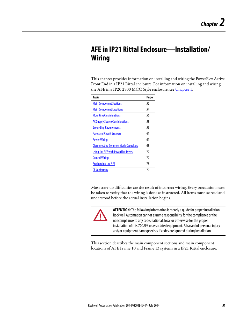 Afe in ip21 rittal enclosure—installation/ wiring, Chapter 2, Afe in ip21 rittal enclosure— installation/wiring | Rockwell Automation 20Y PowerFlex Active Front End User Manual | Page 51 / 170