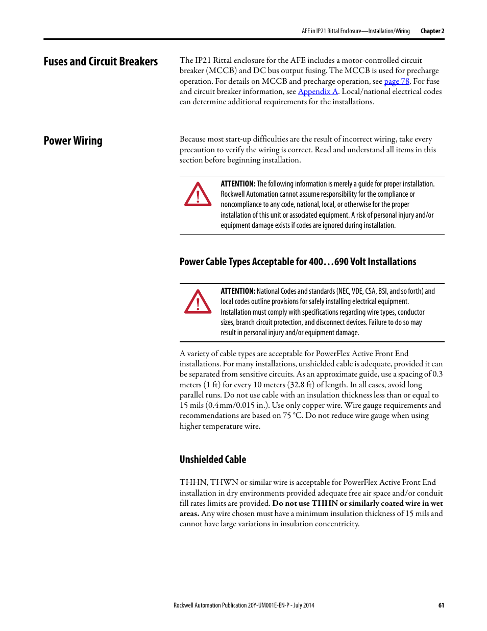 Fuses and circuit breakers, Power wiring, Unshielded cable | Rockwell Automation 20Y PowerFlex Active Front End User Manual | Page 61 / 170