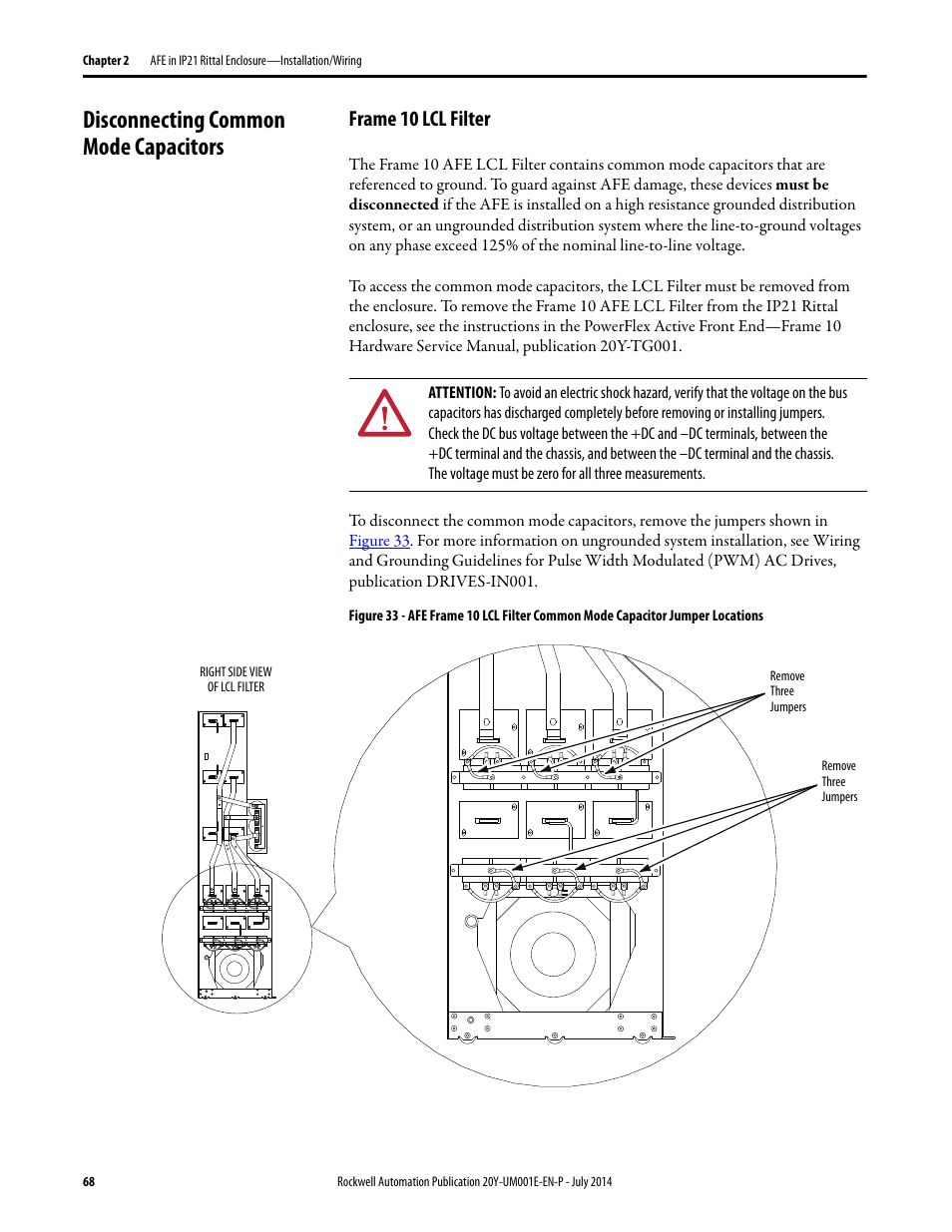 Disconnecting common mode capacitors, Frame 10 lcl filter | Rockwell Automation 20Y PowerFlex Active Front End User Manual | Page 68 / 170