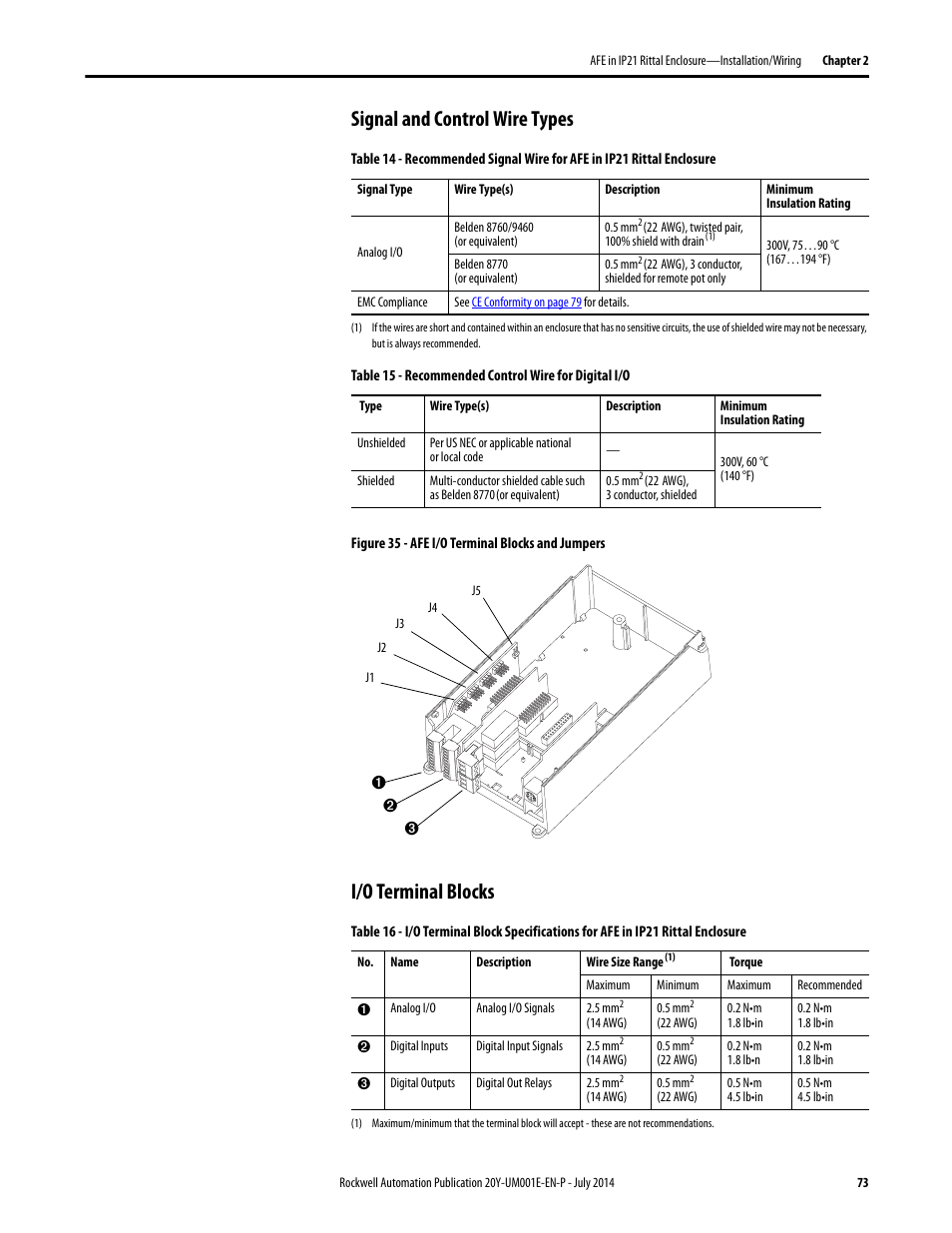 Signal and control wire types, I/o terminal blocks, Signal and control wire types i/o terminal blocks | Rockwell Automation 20Y PowerFlex Active Front End User Manual | Page 73 / 170