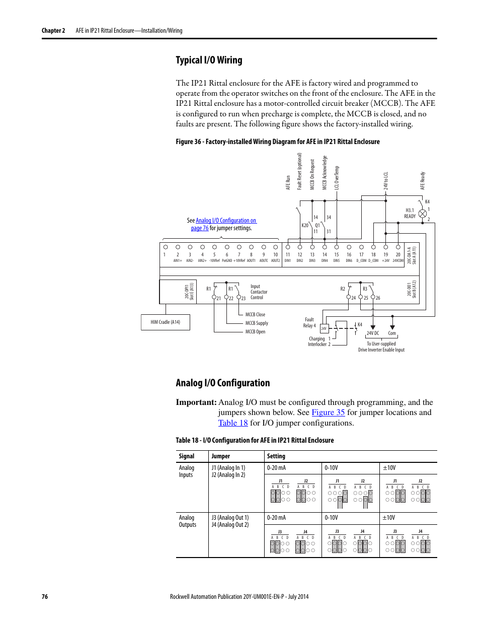 Typical i/o wiring, Analog i/o configuration, Typical i/o wiring analog i/o configuration | Figure 36, Analog, Analog i/o, Table 18 | Rockwell Automation 20Y PowerFlex Active Front End User Manual | Page 76 / 170