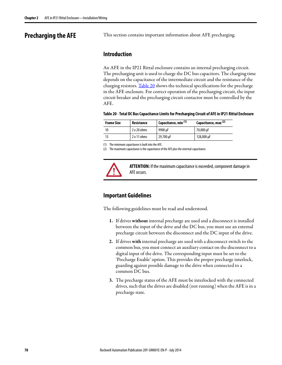 Precharging the afe, Introduction, Important guidelines | Introduction important guidelines | Rockwell Automation 20Y PowerFlex Active Front End User Manual | Page 78 / 170