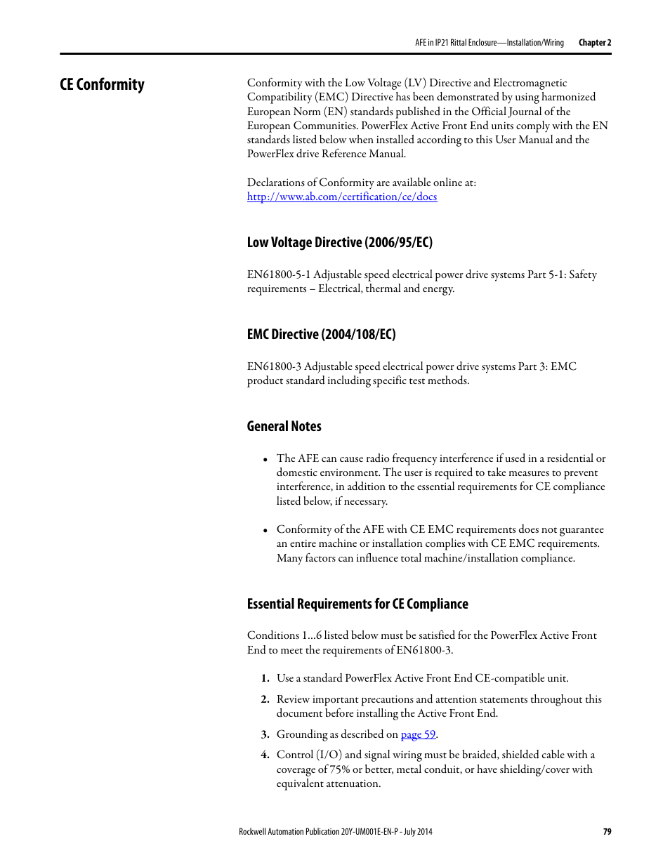 Ce conformity, Low voltage directive (2006/95/ec), Emc directive (2004/108/ec) | General notes, Essential requirements for ce compliance | Rockwell Automation 20Y PowerFlex Active Front End User Manual | Page 79 / 170