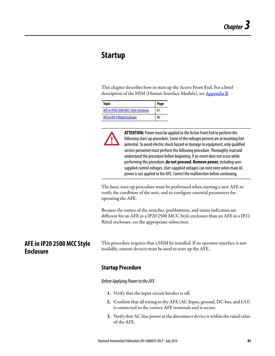 Startup, Afe in ip20 2500 mcc style enclosure, Startup procedure | Chapter 3 | Rockwell Automation 20Y PowerFlex Active Front End User Manual | Page 81 / 170