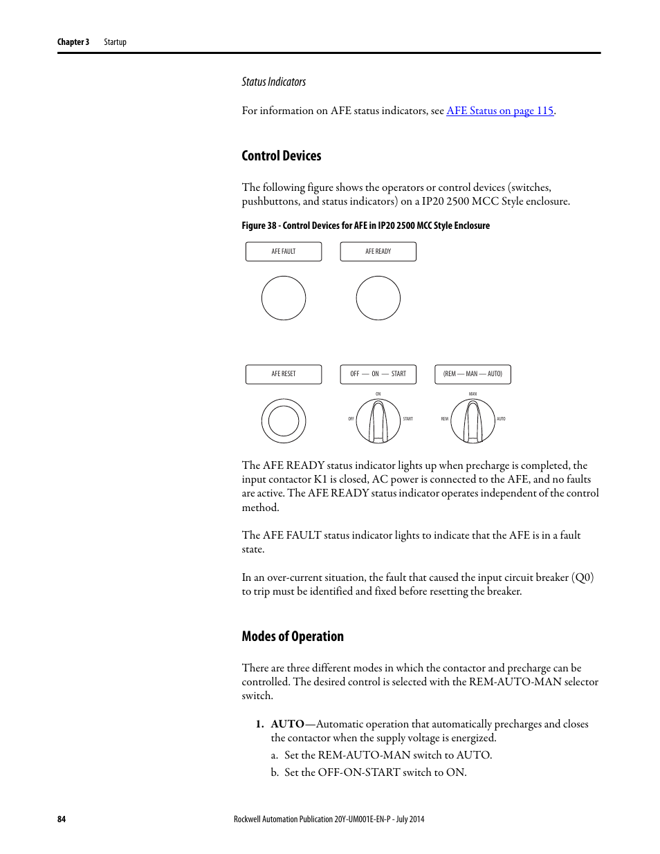 Control devices, Modes of operation, Control devices modes of operation | Rockwell Automation 20Y PowerFlex Active Front End User Manual | Page 84 / 170