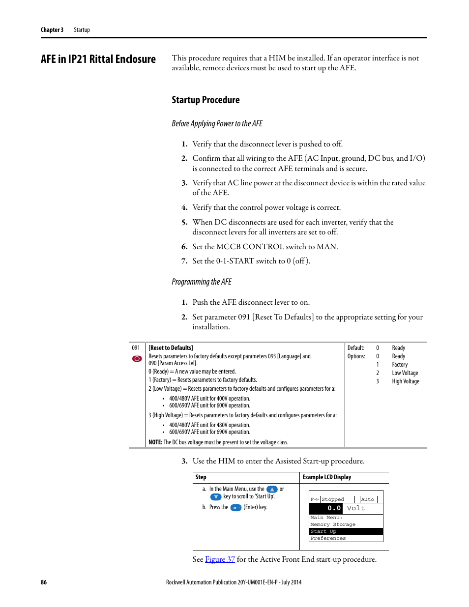 Afe in ip21 rittal enclosure, Startup procedure | Rockwell Automation 20Y PowerFlex Active Front End User Manual | Page 86 / 170