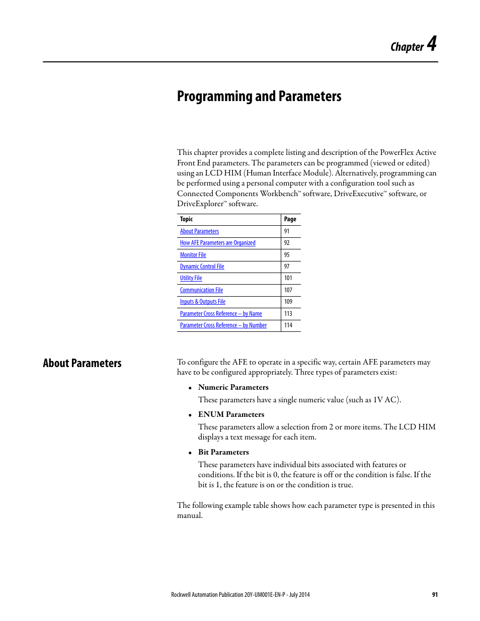 Programming and parameters, About parameters, Chapter 4 | Rockwell Automation 20Y PowerFlex Active Front End User Manual | Page 91 / 170