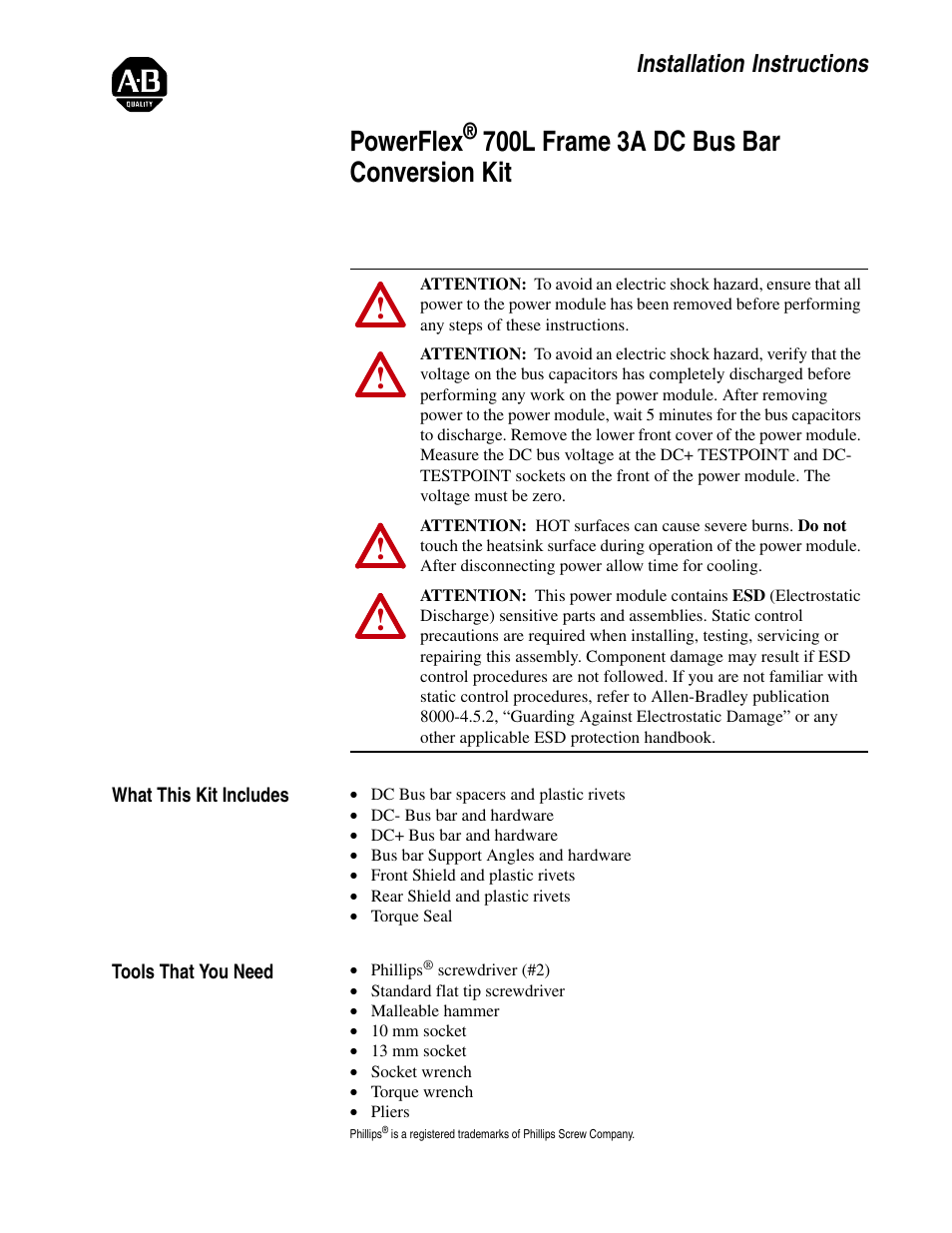 Rockwell Automation 20L PowerFlex 700L Frame 3A DC Bus Bar Conversion Kit User Manual | 6 pages