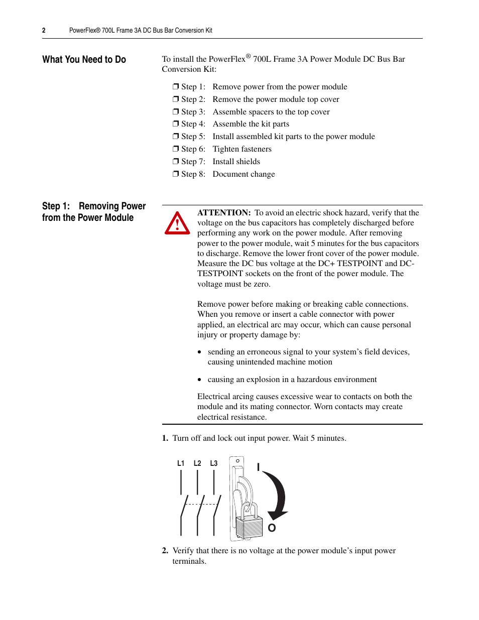 What you need to do, Step 1: removing power from the power module | Rockwell Automation 20L PowerFlex 700L Frame 3A DC Bus Bar Conversion Kit User Manual | Page 2 / 6