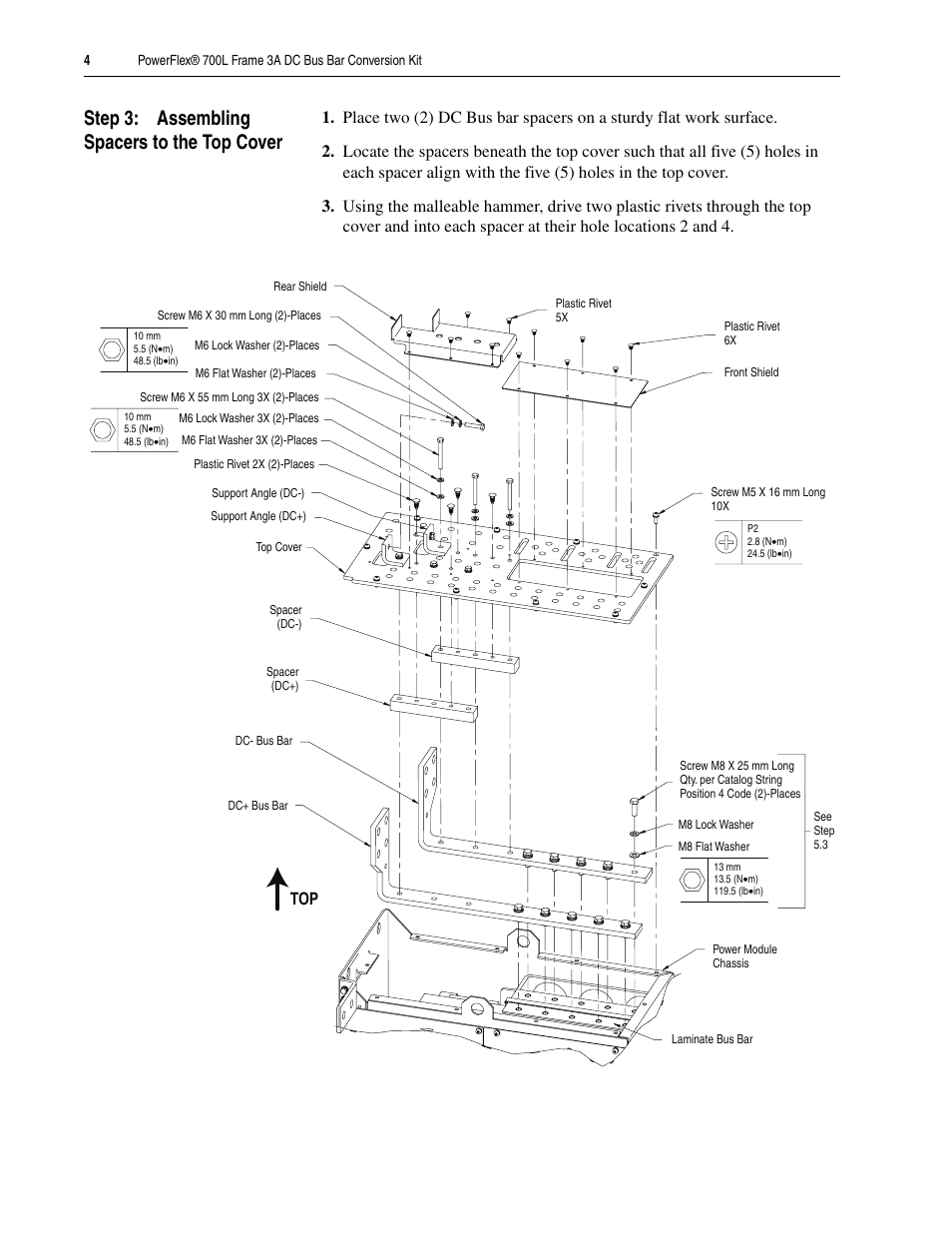 Step 3: assembling spacers to the top cover | Rockwell Automation 20L PowerFlex 700L Frame 3A DC Bus Bar Conversion Kit User Manual | Page 4 / 6