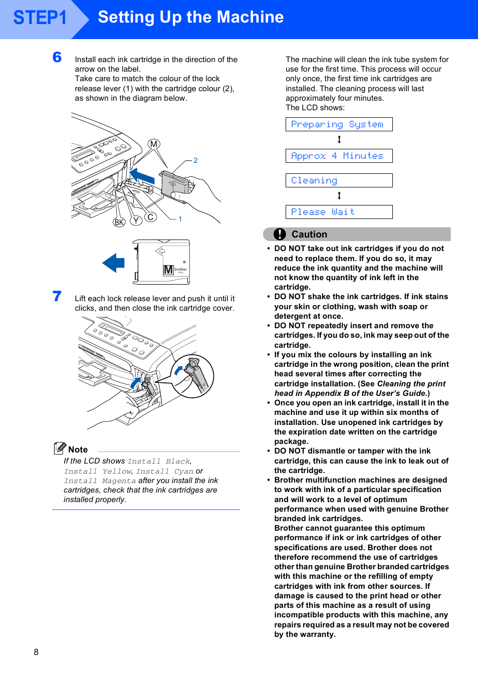 Step1, Setting up the machine, Preparing system | Approx 4 minutes, Cleaning, Please wait, Caution | Brother DCP-130C User Manual | Page 10 / 24