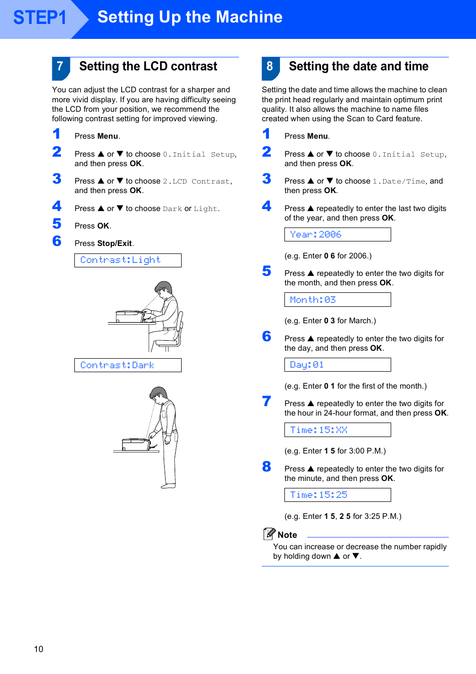 7 setting the lcd contrast, 8 setting the date and time, Setting the lcd contrast setting the date and time | Step1, Setting up the machine, 7setting the lcd contrast, 8setting the date and time | Brother DCP-130C User Manual | Page 12 / 24