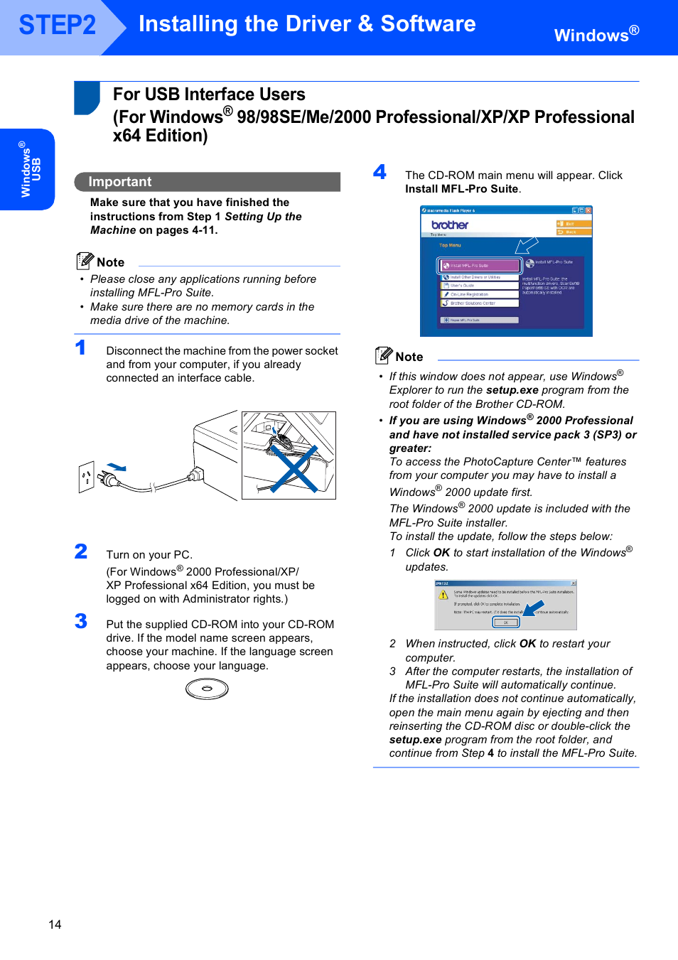For usb interface users (for windows, Usb interface users, For windows | Step2, Installing the driver & software, Windows, Important | Brother DCP-130C User Manual | Page 16 / 24