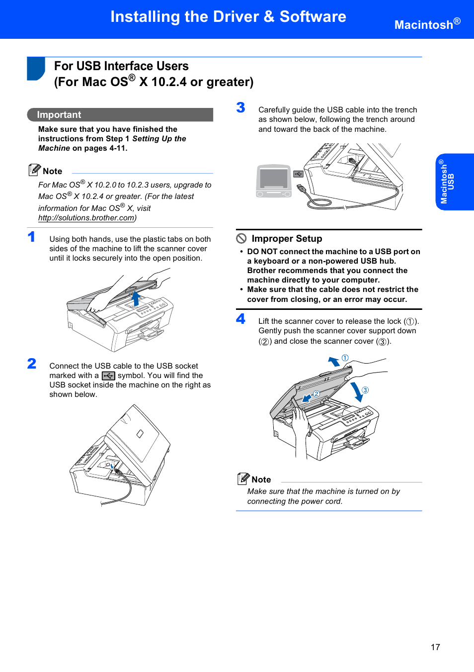 For usb interface users (for mac os, X 10.2.4 or greater), For usb interface users | For mac os, Installing the driver & software, Macintosh, Important, Improper setup | Brother DCP-130C User Manual | Page 19 / 24