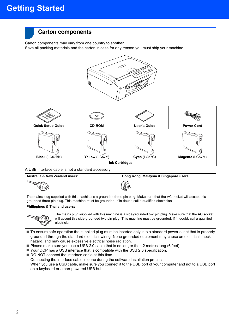 Getting started, Carton components | Brother DCP-130C User Manual | Page 4 / 24
