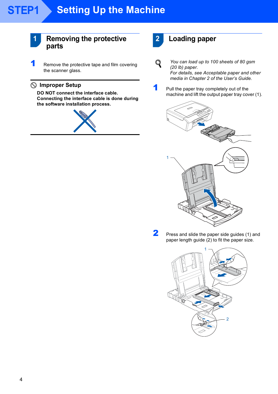 Step1 setting up the machine, 1 removing the protective parts, 2 loading paper | Step1, Setting up the machine, Removing the protective parts loading paper, 1removing the protective parts, 2loading paper | Brother DCP-130C User Manual | Page 6 / 24
