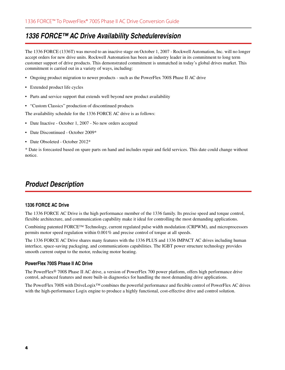1336 force™ ac drive availability schedulerevision, Product description, 4 product description | Rockwell Automation 1336T FORCE to PowerFlex 700S Phase II Drive Conversion Guide User Manual | Page 4 / 60