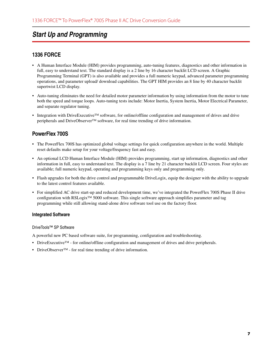 Start up and programming, 1336 force, Powerflex 700s | Rockwell Automation 1336T FORCE to PowerFlex 700S Phase II Drive Conversion Guide User Manual | Page 7 / 60