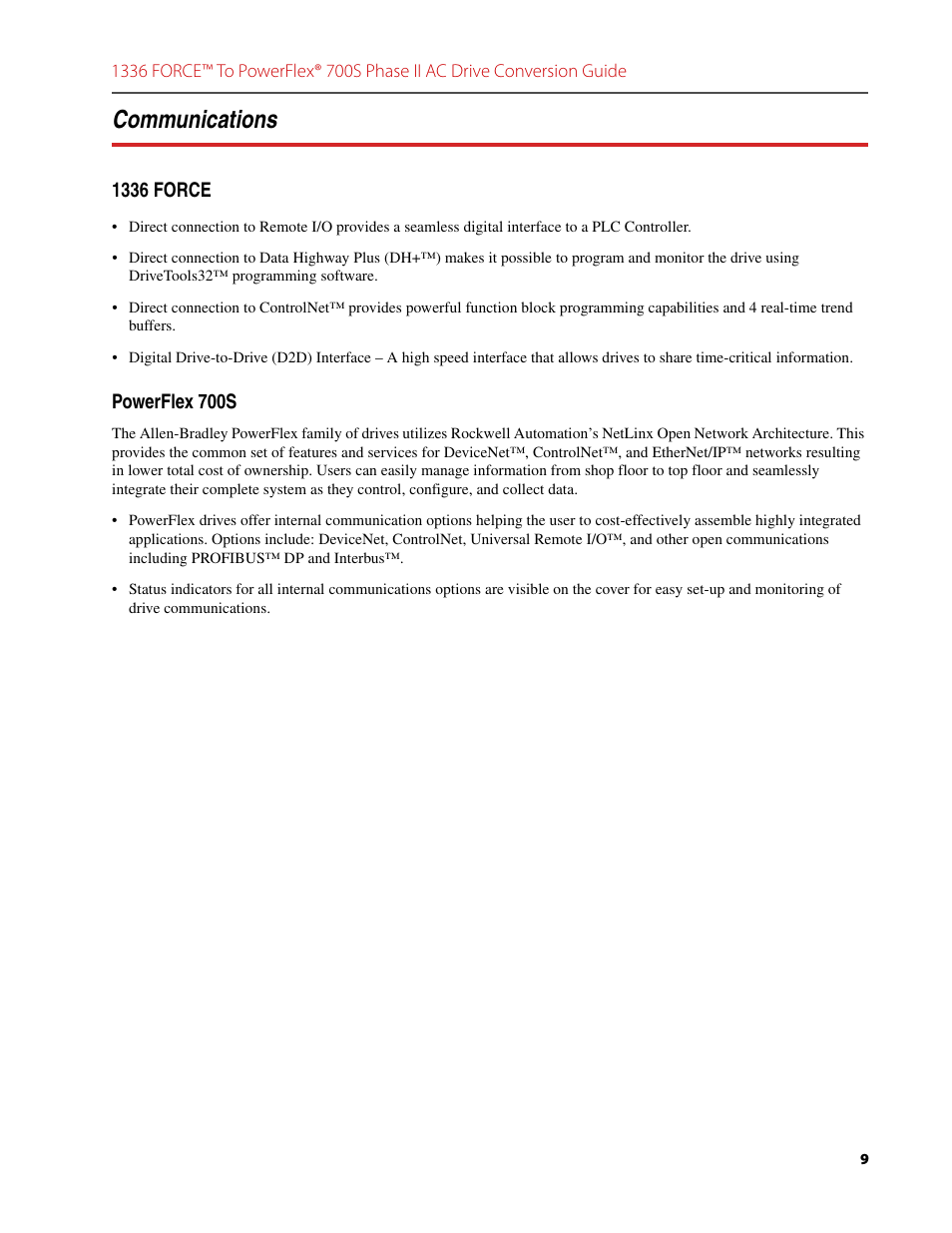 Communications, 1336 force, Powerflex 700s | Rockwell Automation 1336T FORCE to PowerFlex 700S Phase II Drive Conversion Guide User Manual | Page 9 / 60