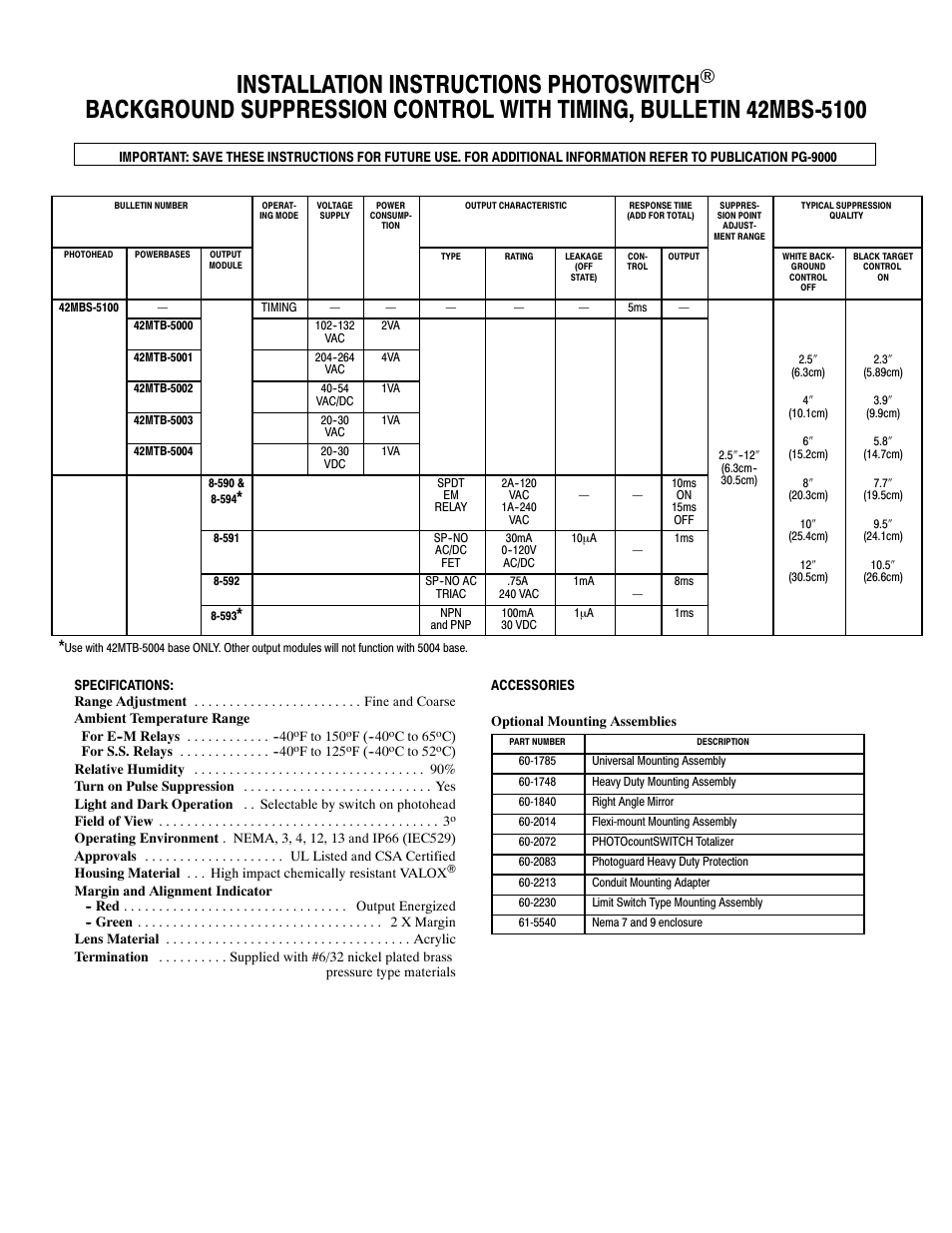 Rockwell Automation 42MBS Series 5100 Background Suppression with Timing Installation Instructions User Manual | 4 pages