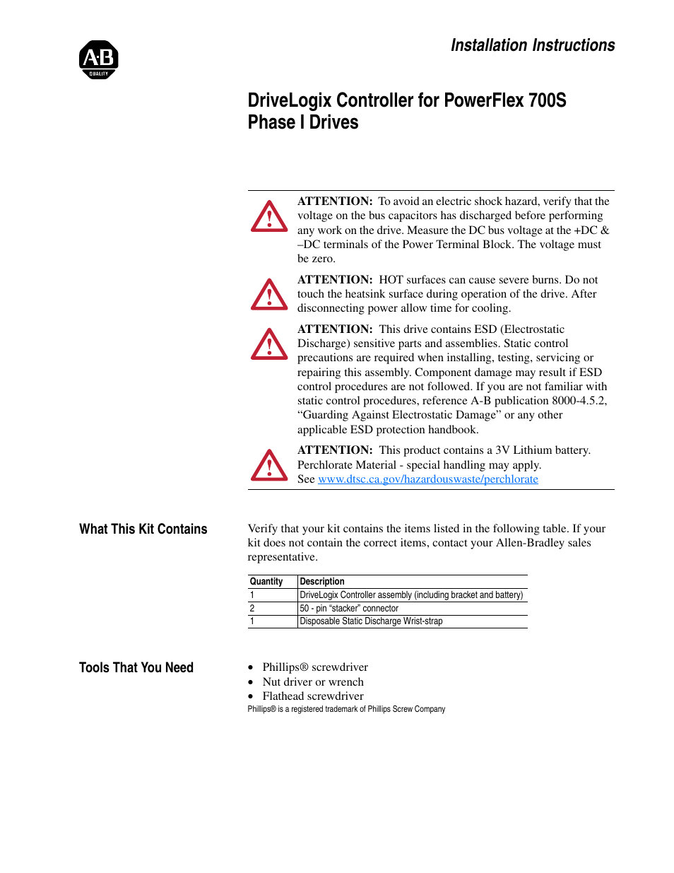 Rockwell Automation 20D DriveLogix Controller for PowerFlex 700S Phase I Drives User Manual | 18 pages