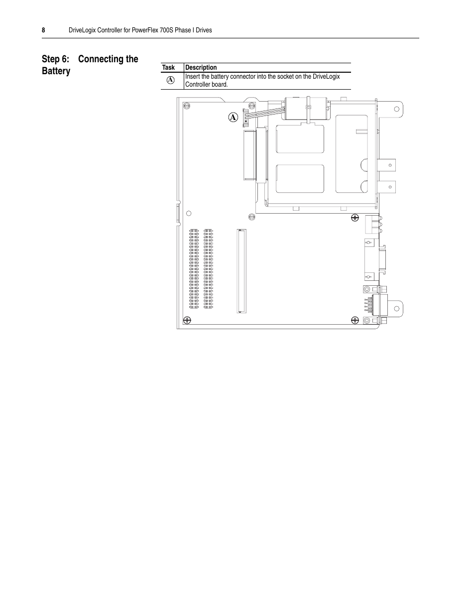Step 6: connecting the battery | Rockwell Automation 20D DriveLogix Controller for PowerFlex 700S Phase I Drives User Manual | Page 8 / 18