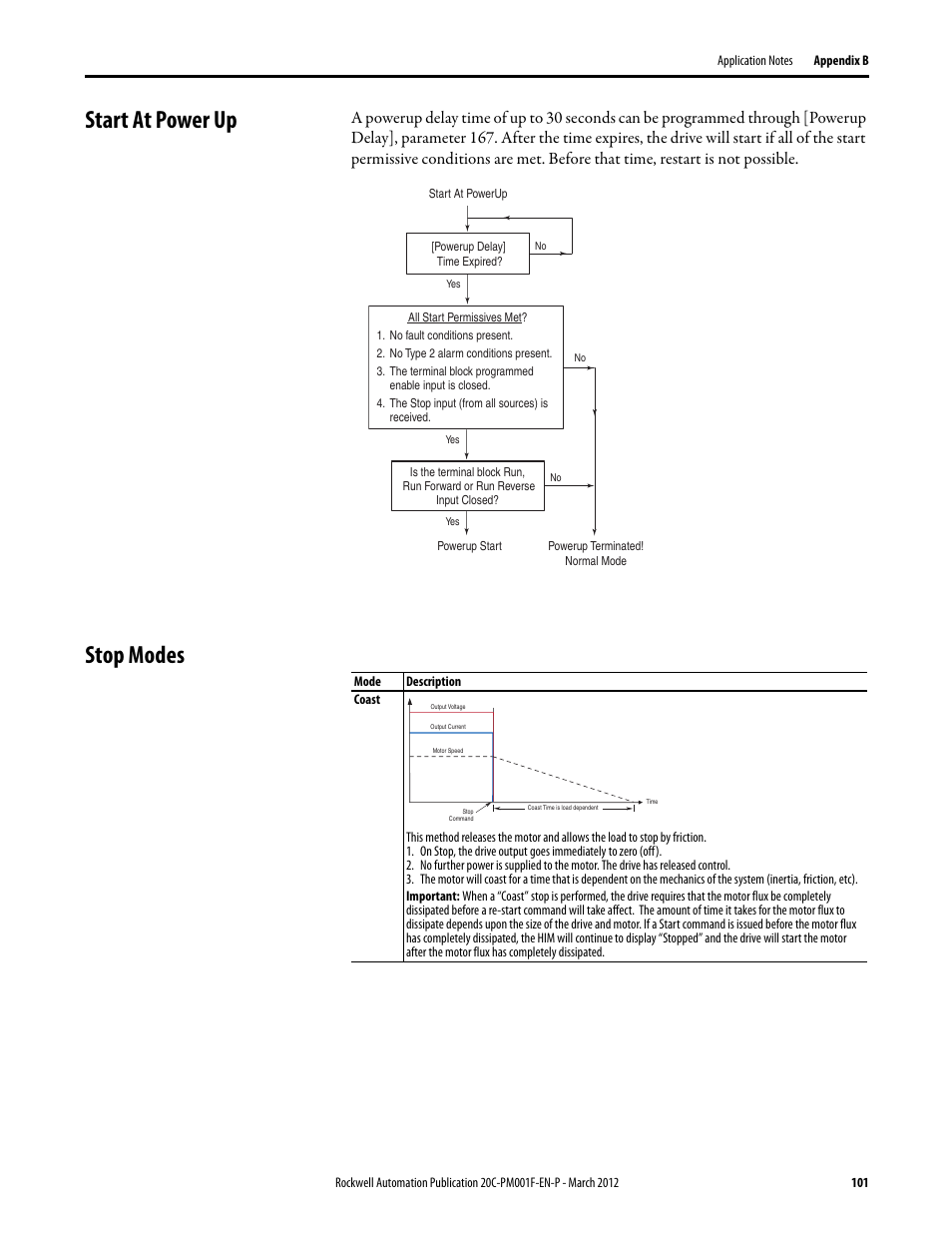 Start at power up, Stop modes, Start at power up stop modes | For impor | Rockwell Automation 20C PowerFlex 700H Drives Programming User Manual | Page 101 / 116