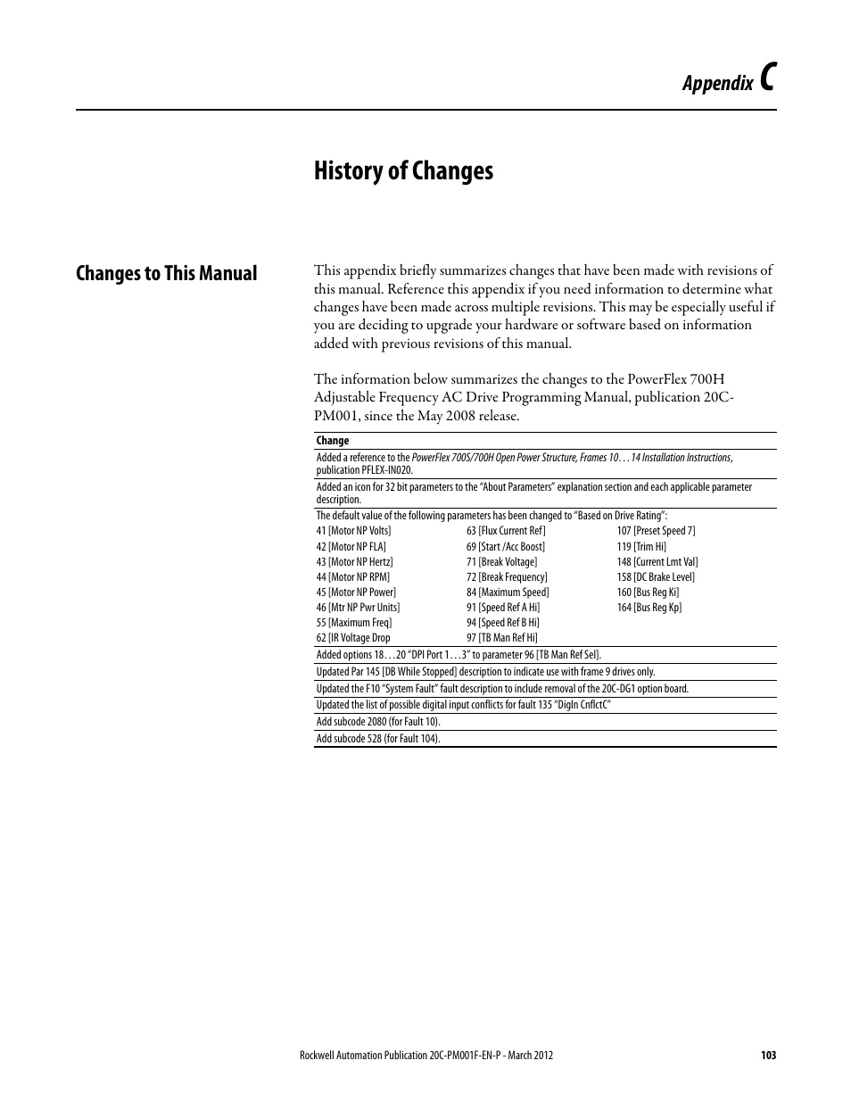 C - history of changes, Changes to this manual, Appendix c | History of changes, Appendix | Rockwell Automation 20C PowerFlex 700H Drives Programming User Manual | Page 103 / 116