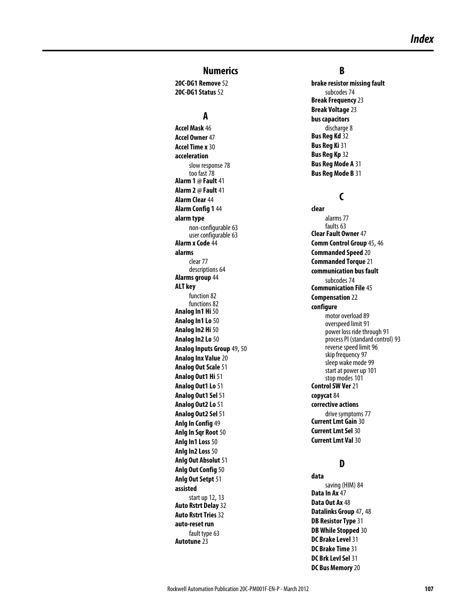 Index, Numerics | Rockwell Automation 20C PowerFlex 700H Drives Programming User Manual | Page 107 / 116