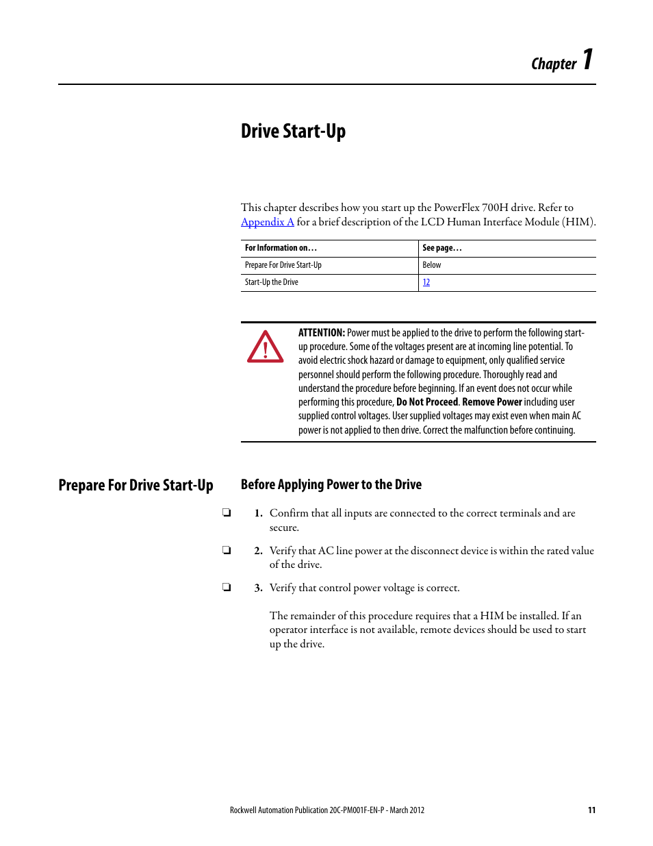 1 - drive start-up, Prepare for drive start-up, Before applying power to the drive | Chapter 1, Drive start-up, Chapter | Rockwell Automation 20C PowerFlex 700H Drives Programming User Manual | Page 11 / 116
