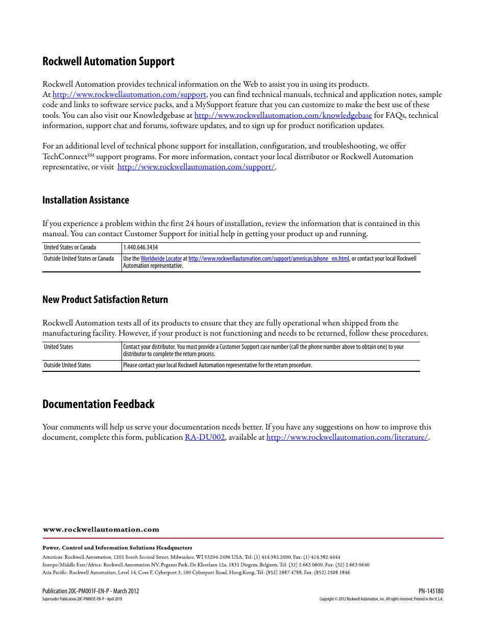 Back cover, Rockwell automation support, Documentation feedback | Installation assistance, New product satisfaction return | Rockwell Automation 20C PowerFlex 700H Drives Programming User Manual | Page 116 / 116