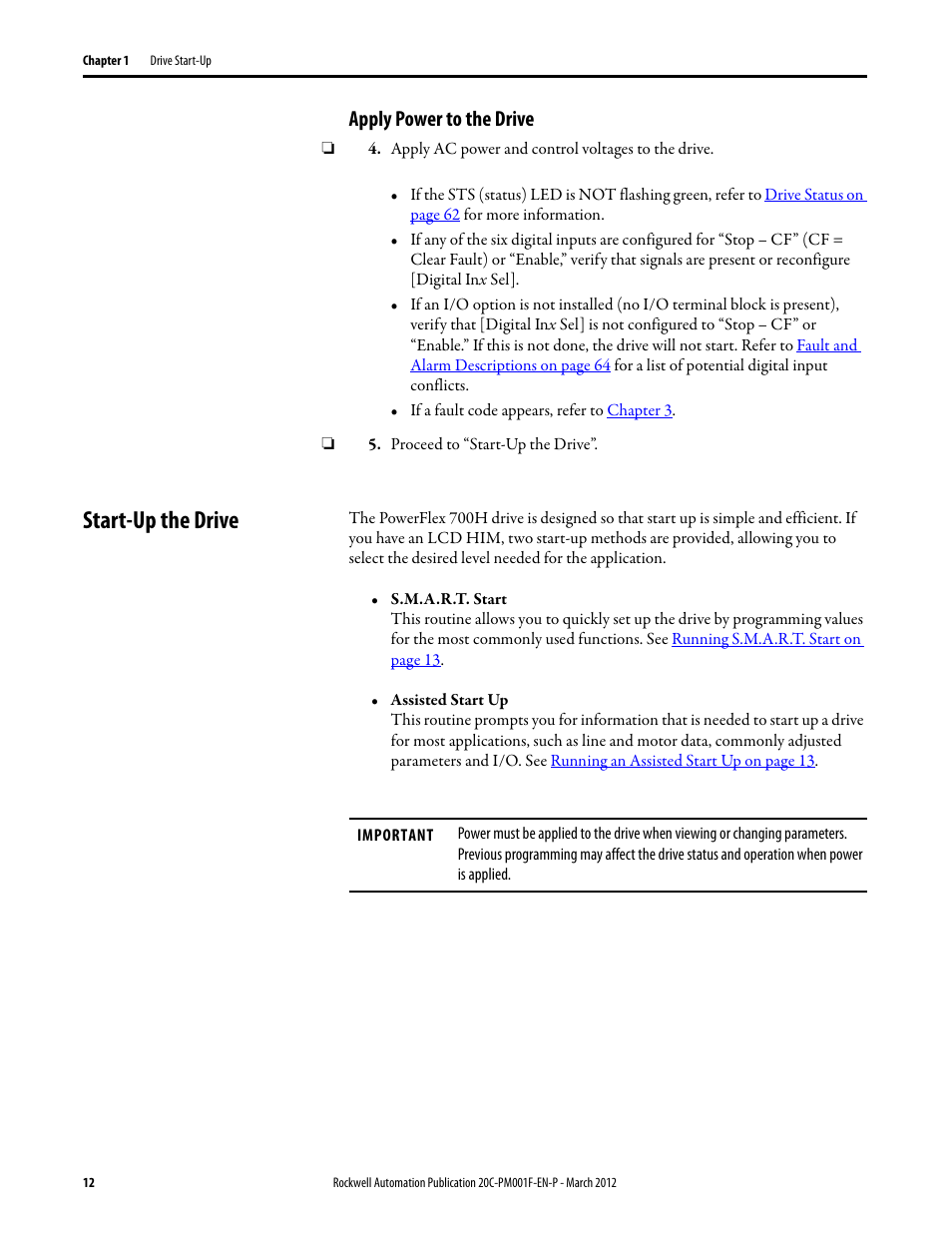 Apply power to the drive, Start-up the drive | Rockwell Automation 20C PowerFlex 700H Drives Programming User Manual | Page 12 / 116