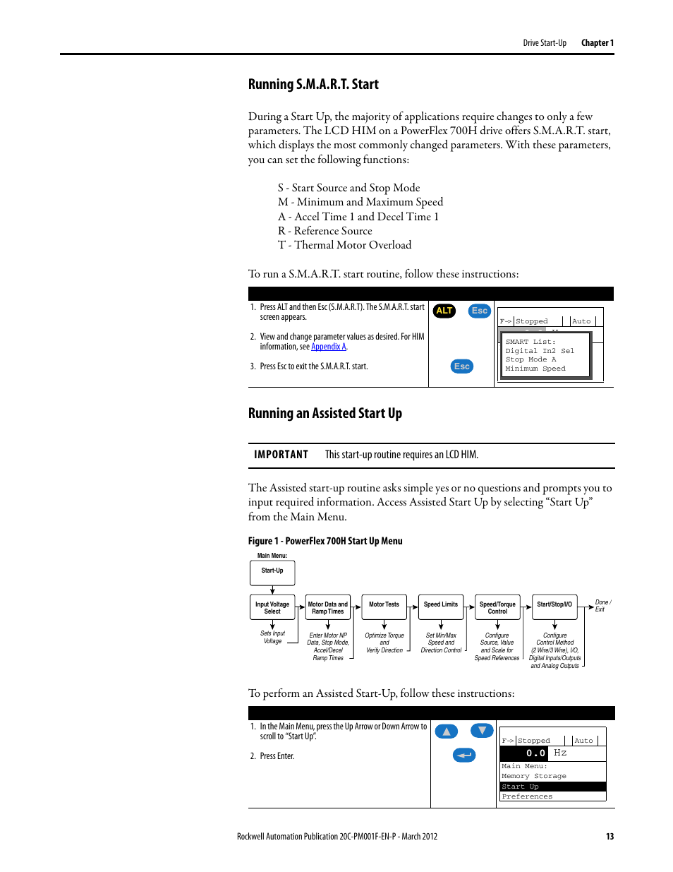 Running s.m.a.r.t. start, Running an assisted start up, Running s.m.a.r.t. start on | Rockwell Automation 20C PowerFlex 700H Drives Programming User Manual | Page 13 / 116