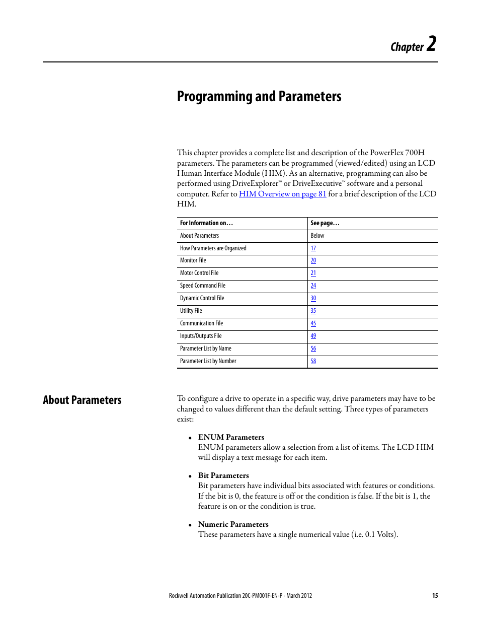 2 - programming and parameters, About parameters, Chapter 2 | Programming and parameters, Chapter | Rockwell Automation 20C PowerFlex 700H Drives Programming User Manual | Page 15 / 116