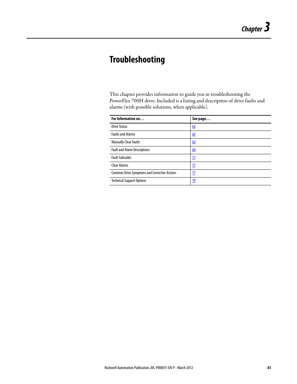 3 - troubleshooting, Chapter 3, Troubleshooting | Chapter | Rockwell Automation 20C PowerFlex 700H Drives Programming User Manual | Page 61 / 116