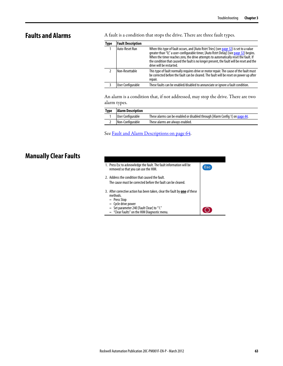 Faults and alarms, Manually clear faults, Faults and alarms manually clearing faults | Rockwell Automation 20C PowerFlex 700H Drives Programming User Manual | Page 63 / 116