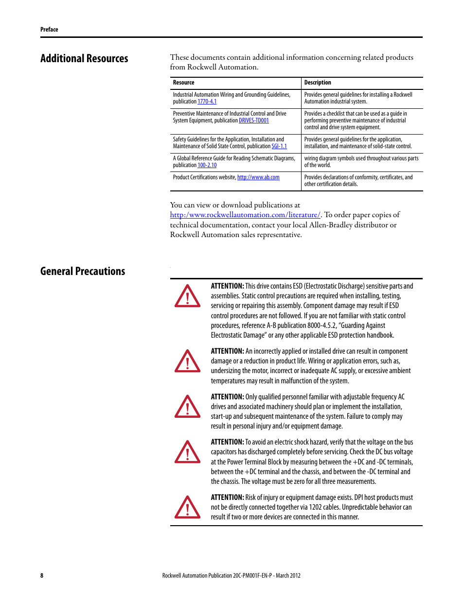 Additional resources, General precautions, Additional resources general precautions | Rockwell Automation 20C PowerFlex 700H Drives Programming User Manual | Page 8 / 116